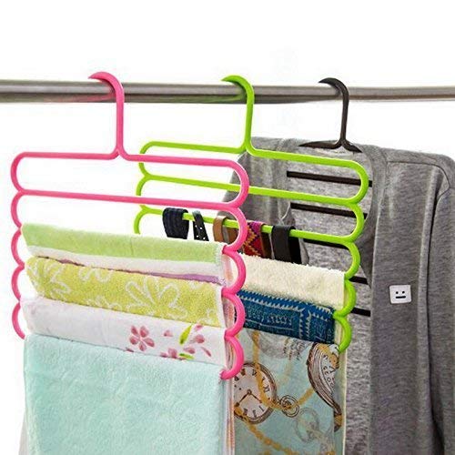 Inditradition 5 Layer Pant Cloth Hanger, Wardrobe Hanger | Space Saving Multi-Layer Design, Assorted Colour, Plastic (Pack Of 10